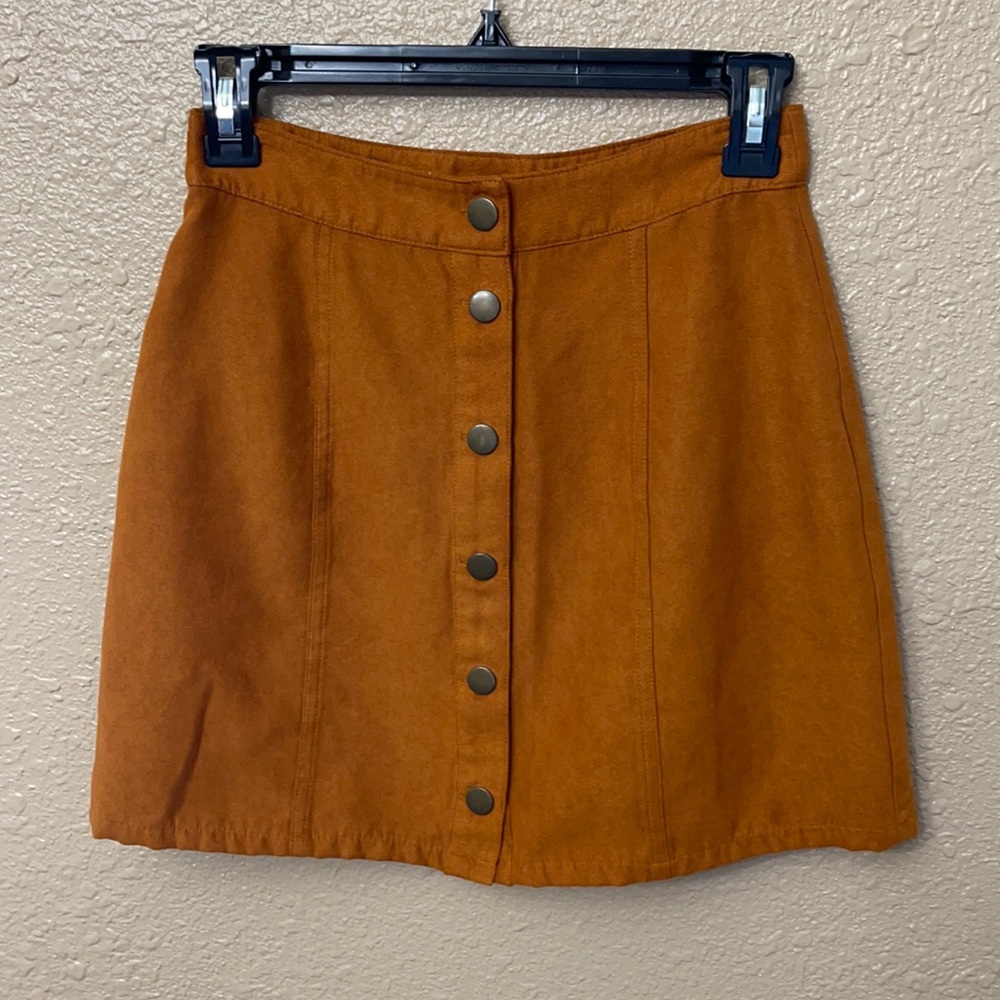 Brown faux suede-like button skirt